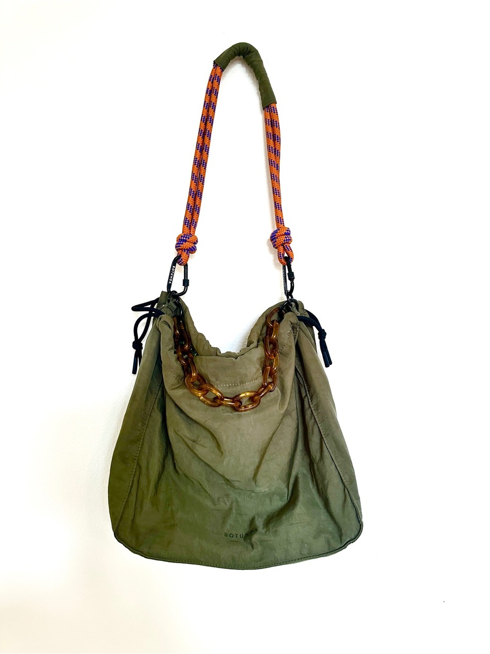 Olive Green Shoulder Bag with Orange Chain and Braided Strap